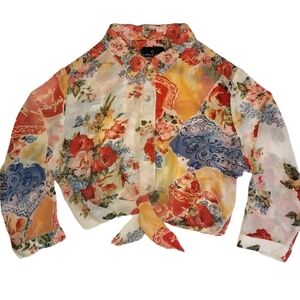Classic Vintage Carole Little Multicolor Floral Blouse SZ M